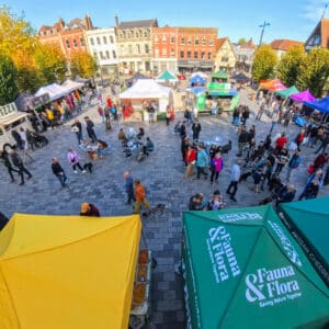 Ariel shot of Salisbury Vegan Market on Guildhall Square by Vegan Fairs