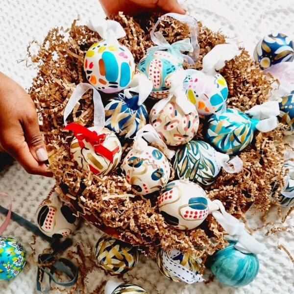 Hand Painted Baubles in a basket