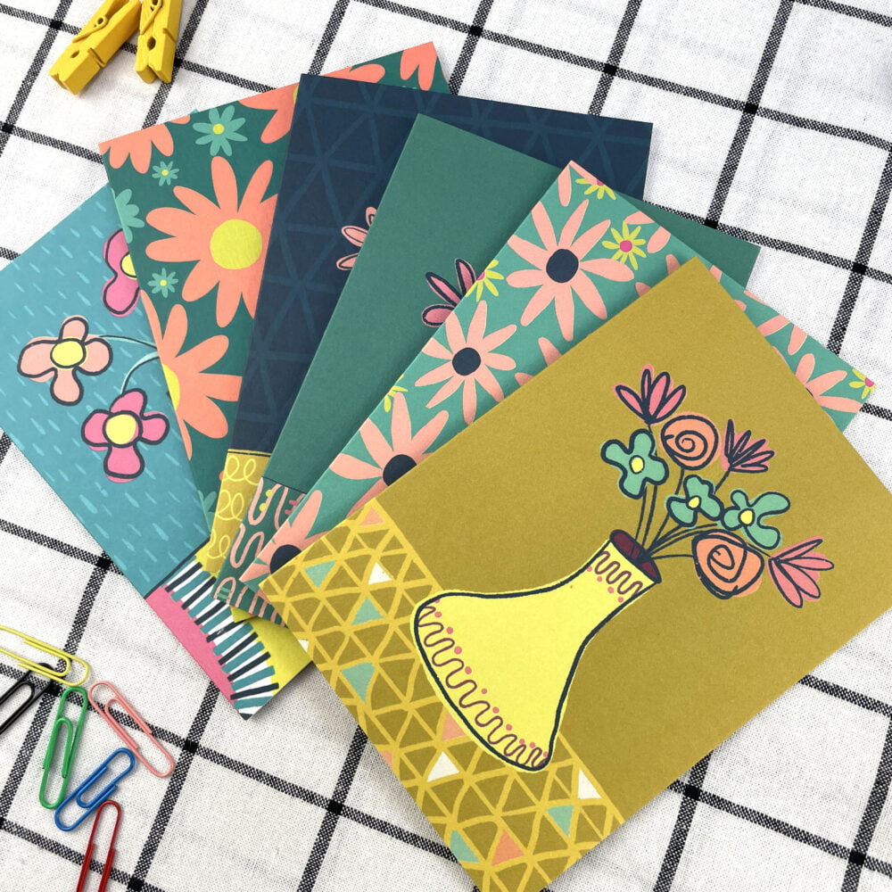 A colourful set of 6 floral notecards