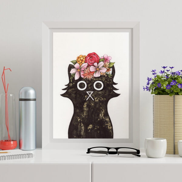 A painted black cat wearing a floral crown of pink, red, and yellow flowers. The cat has large, white eyes and a small, white X for a nose.