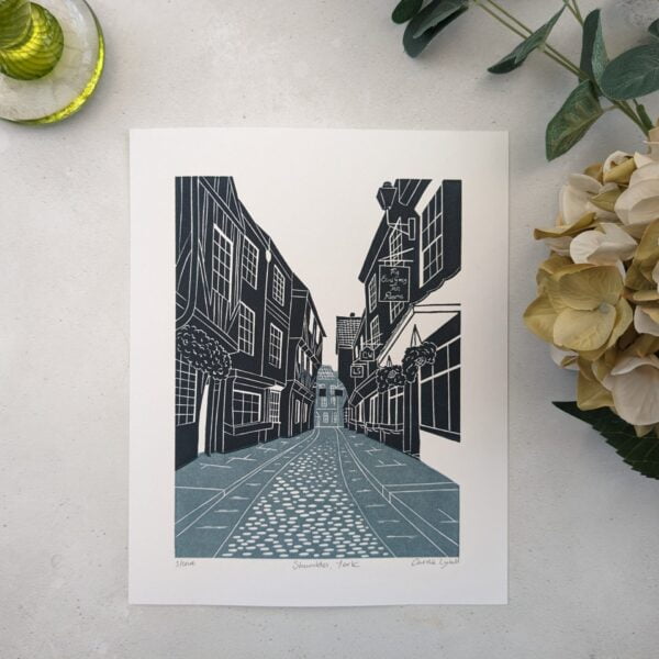 York Shambles Linocut Print, Historic York Street, Carrie Lyall, RoseandHen