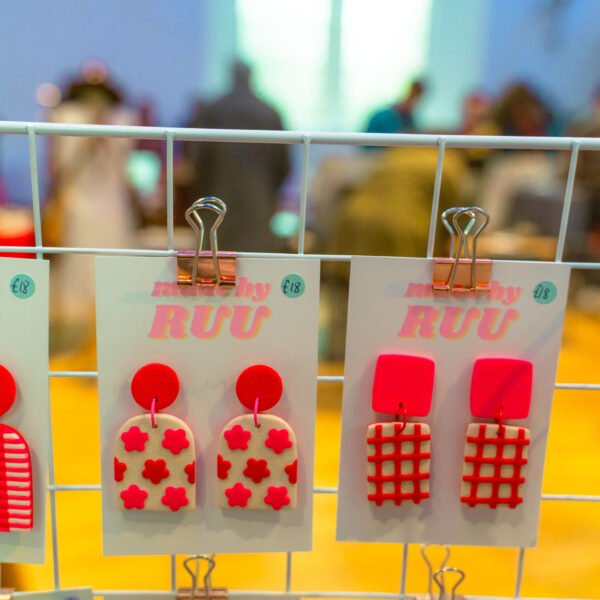 Colourful earrings on a stall at Dundee Yard