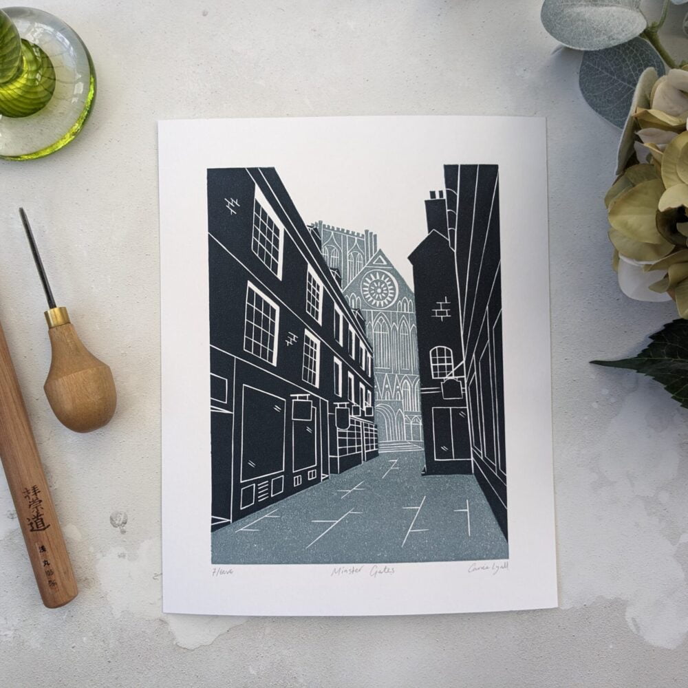 York Minster Linocut print, Rose Window, Minstergates, Carrie Lyall Printmaker
