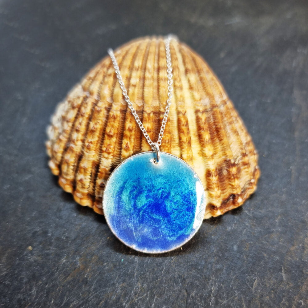 Silver-blue-turquoise-mix-enamel-rockpool-round-pendant-necklace-large-handmade-mijoux-jewellery
