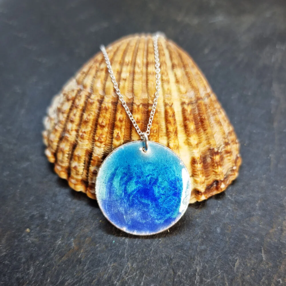 Silver-blue-turquoise-mix-enamel-rockpool-round-pendant-necklace-large-handmade-mijoux-jewellery