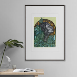 breathe reduction linocut print. portrait in nature, framed in hallway. contemporary decor.