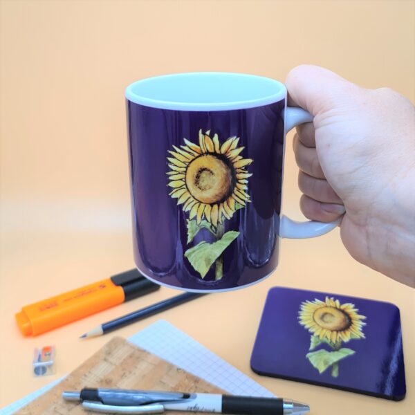 purple mug with Sunflower print & matching hardboard coaster