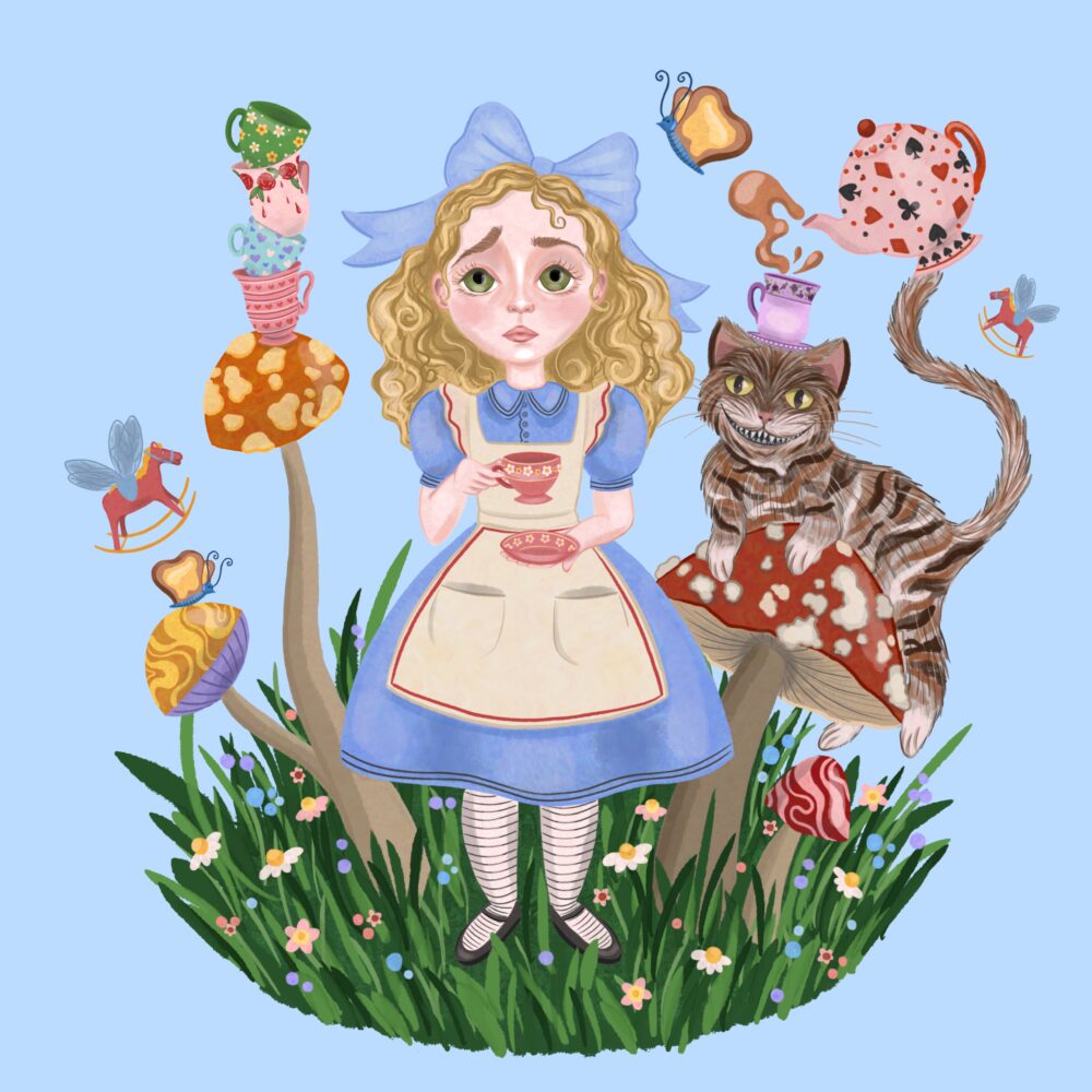 A square digital illustration. This features Alice from Alice's Adventures in Wonderland. She is stood in front of toadstools that are piled high with teacups and saucers. On the toadstool next to her sits the Cheshire Cat, who is pouring himself a cup of tea.