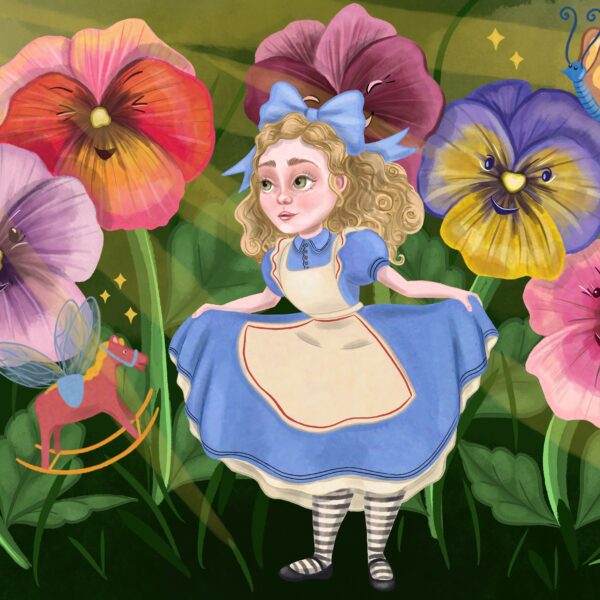 A digital illustration of Alice from Alice's Adventures in Wonderland. Alice is standing around a group of talking flowers and curtsying.