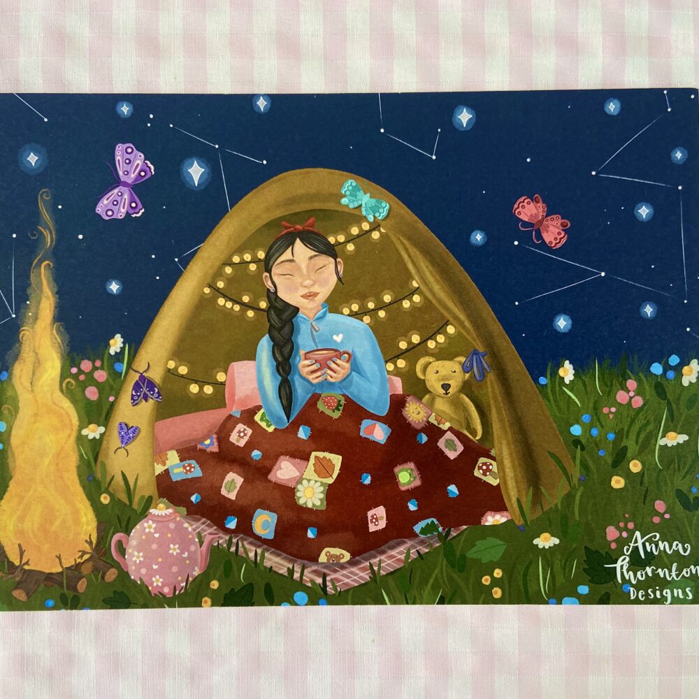 An A4 landscape print of a digital illustration. The illustration features a girl camping under a night sky full of stars and constellations. There is a roaring campfire and a pot of tea next to the tent.
