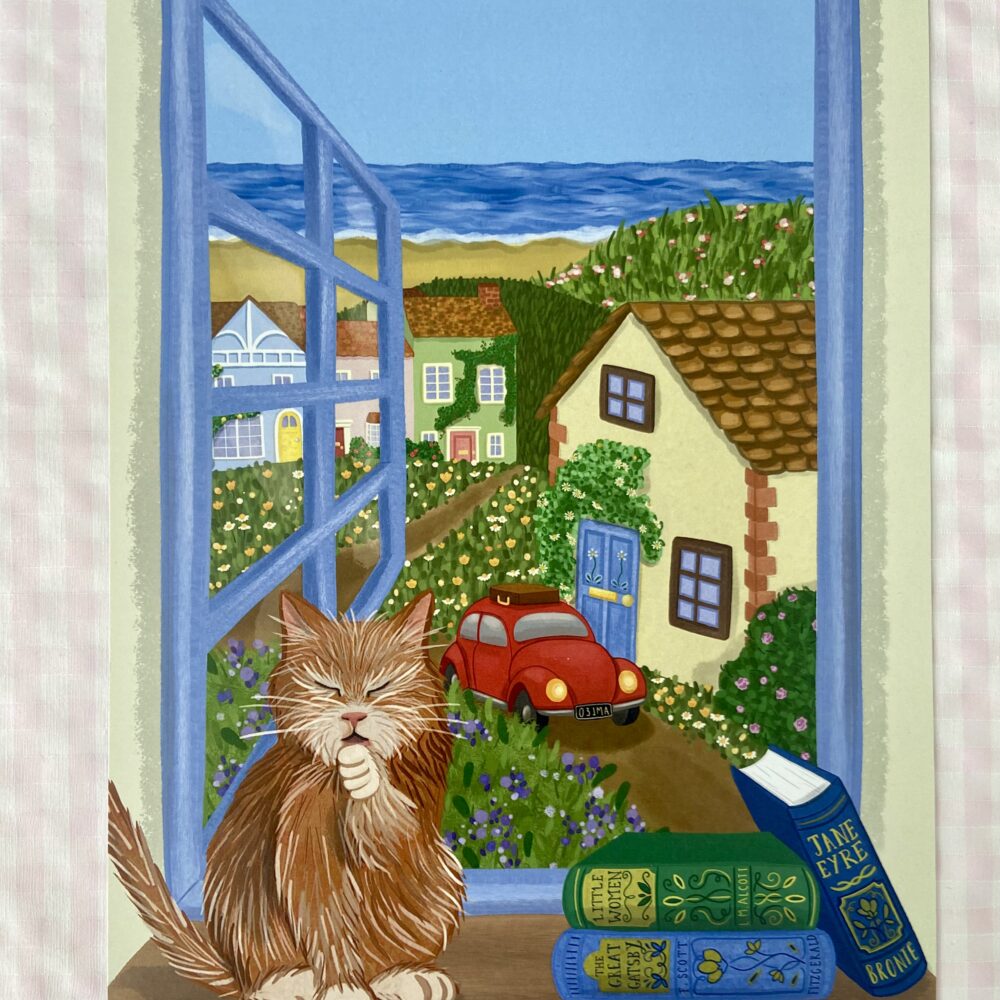 An A4 print of a digital illustration. The picture features a sunny, coastal view from a window with a cat sat next to a pile of books on the windowsill.