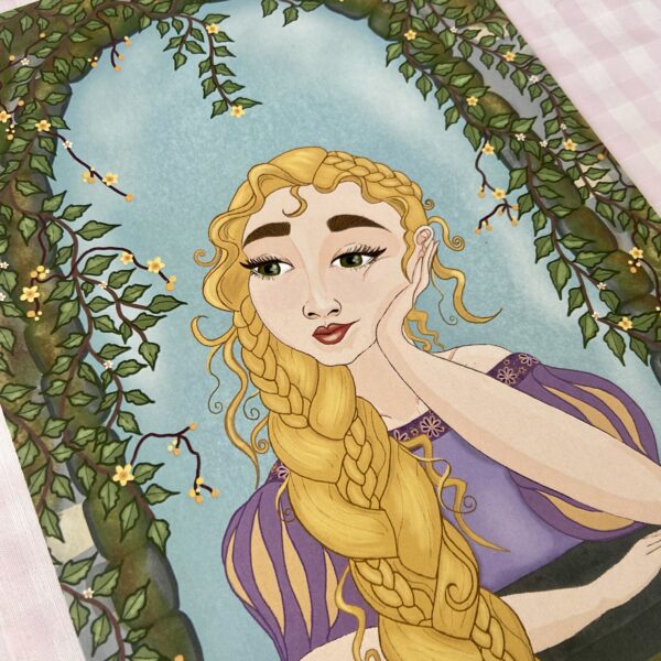 An A5 print of a digital illustration. The illustration features Rapunzel, with long flowing blonde hair, who is sat gazing out from the window of her tower. The tower is covered in leaves and small yellow flowers.