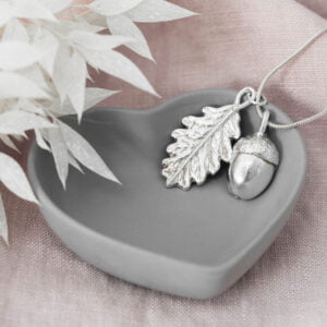 Susie Bond Jewellery, fine silver Acorn and leaf necklace