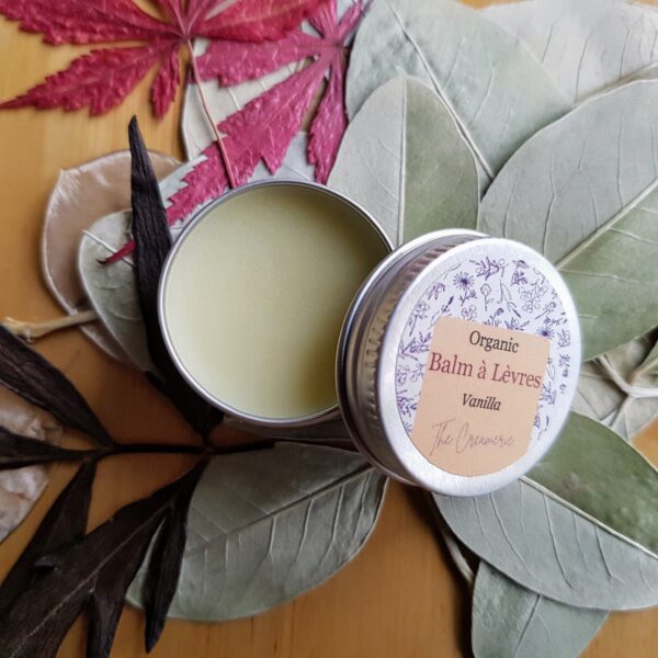 organic lip balm, natural scent, with leave background