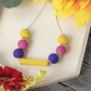 Yellow, Royal Blue and Ochre Dotty Wooden Bar Necklace on Chain