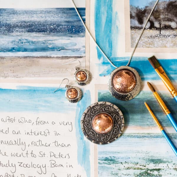 copper offset disc pendant and earrings Eyres Jewellery