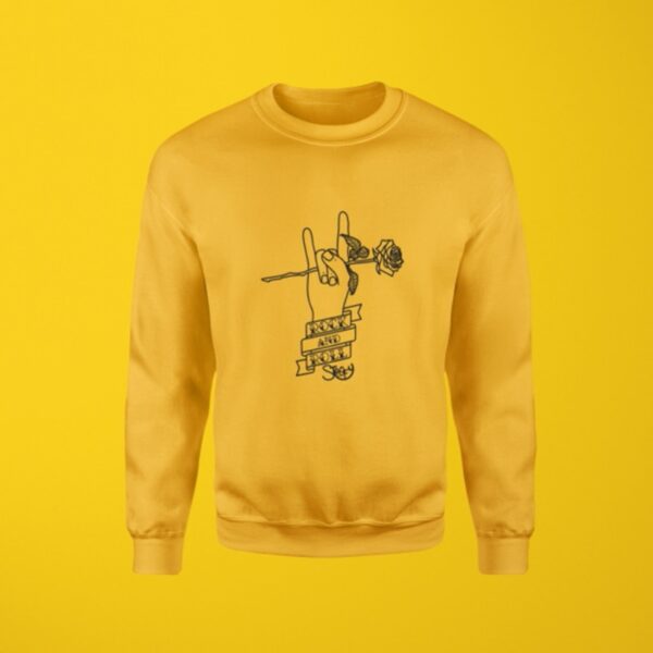 Gold yellow unisex sweatshirt with a black, embroidered illustration of the rock and roll hand gesture, holding a rose and stating "Rock and Roll" with the "Stoofy" logo.