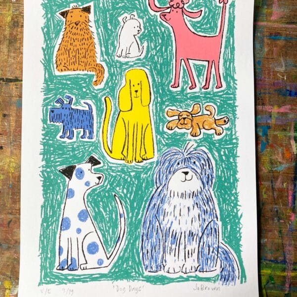 a screen print of various dog breeds drawn with a crayon with a turquoise background