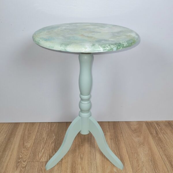 Small round side table paint pour top and resin plae green white cream gold