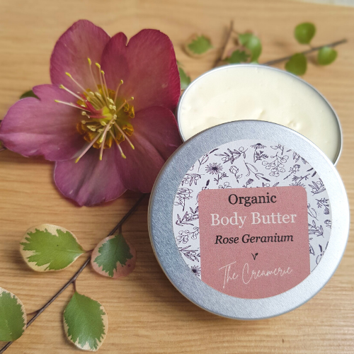 Small organic and vegan body butter with flowers