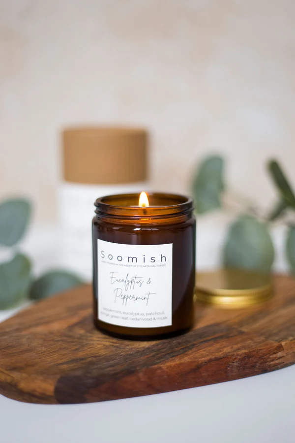 Solo candle lit - fragrance reads Eucalyptus and Peppermint - Soomish