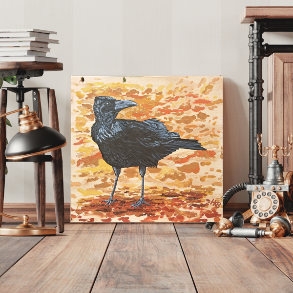 "Brandon" Crow Painting by Hannah Kate Makes. Original acrylic on board painting showing a black crow against a background of abstract autumn leaves.