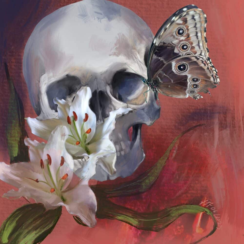 Digital painting of a skull on a burnt orange background with two lillies in front and a butterfly perched on the skull. Nightshade Arte