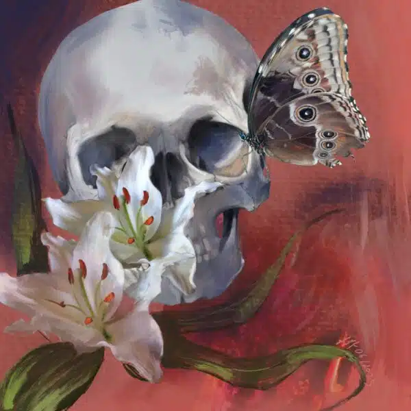 Digital painting of a skull on a burnt orange background with two lillies in front and a butterfly perched on the skull. Nightshade Arte