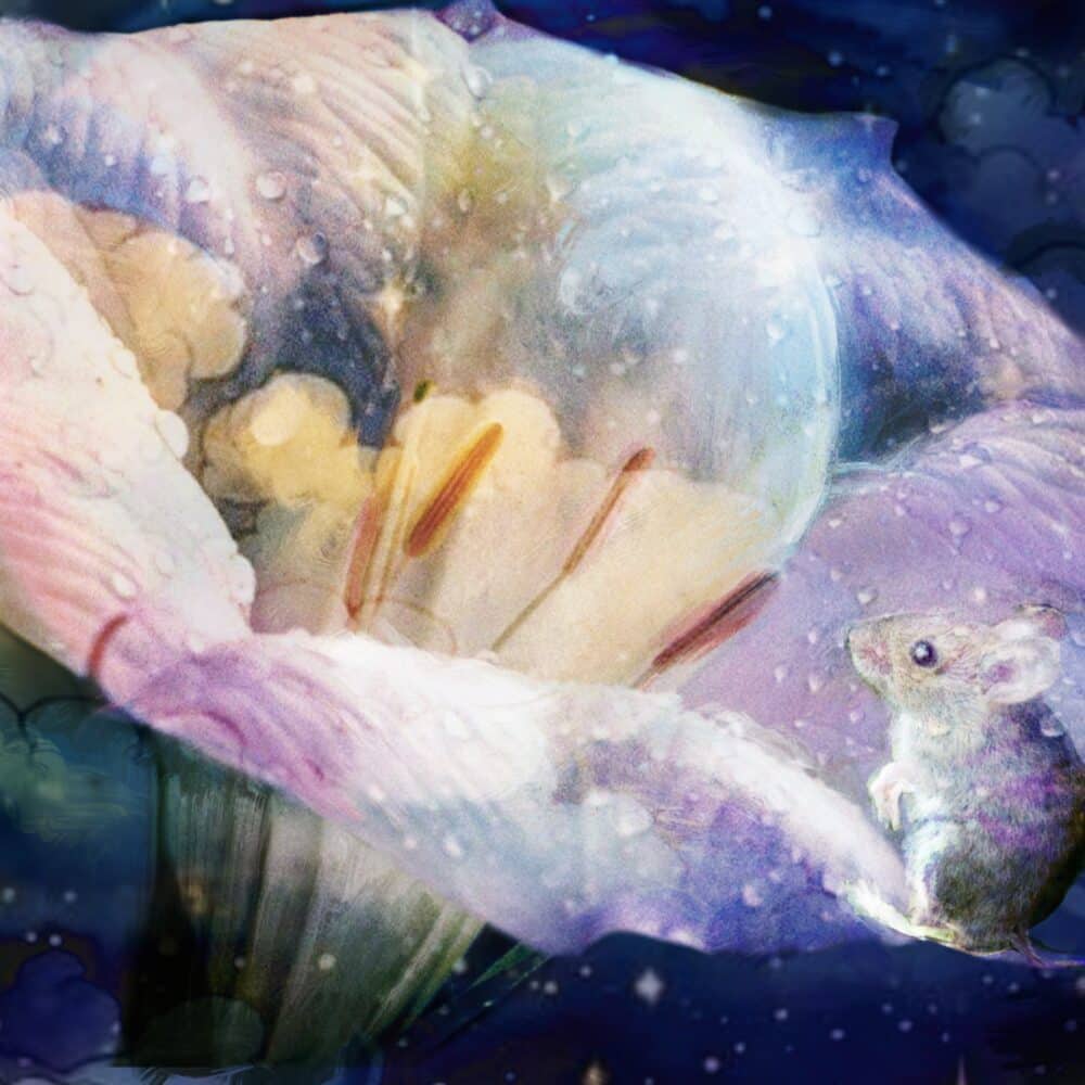 Etheral, dreamy digital painting of a datura flower in purples, pinks and blues with a wee field mouse sat on a petal. Nightshade Arte