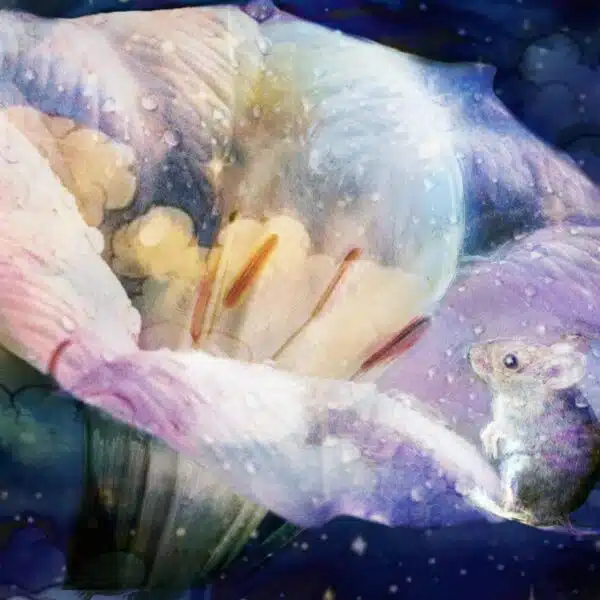 Etheral, dreamy digital painting of a datura flower in purples, pinks and blues with a wee field mouse sat on a petal. Nightshade Arte