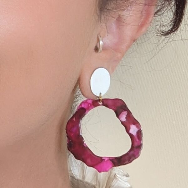 Model showcasing Hot Pink Earrings with White Stud