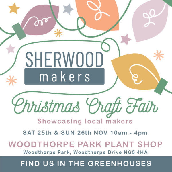 A poster depicting fairly lights and stars in muted pastel colours surrounding details of the Sherwood Makers Carft Fair at Woodthorpe park plant shop. 25th & 26th November 2023