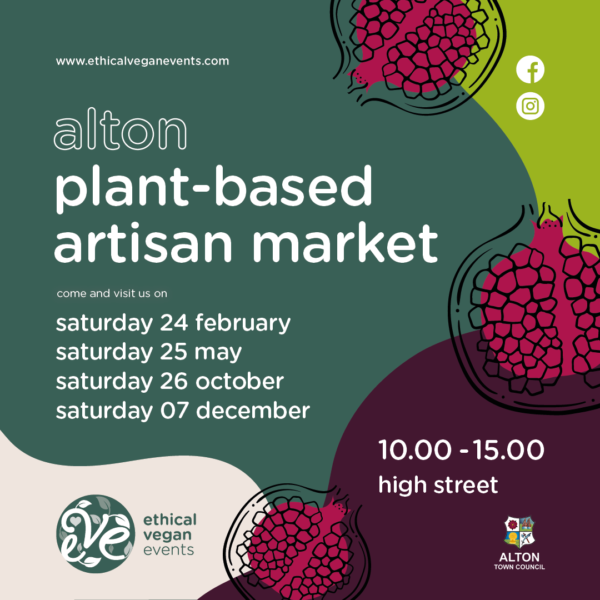 Promotional graphic for alton plant-based artisan market by ethical vegan events