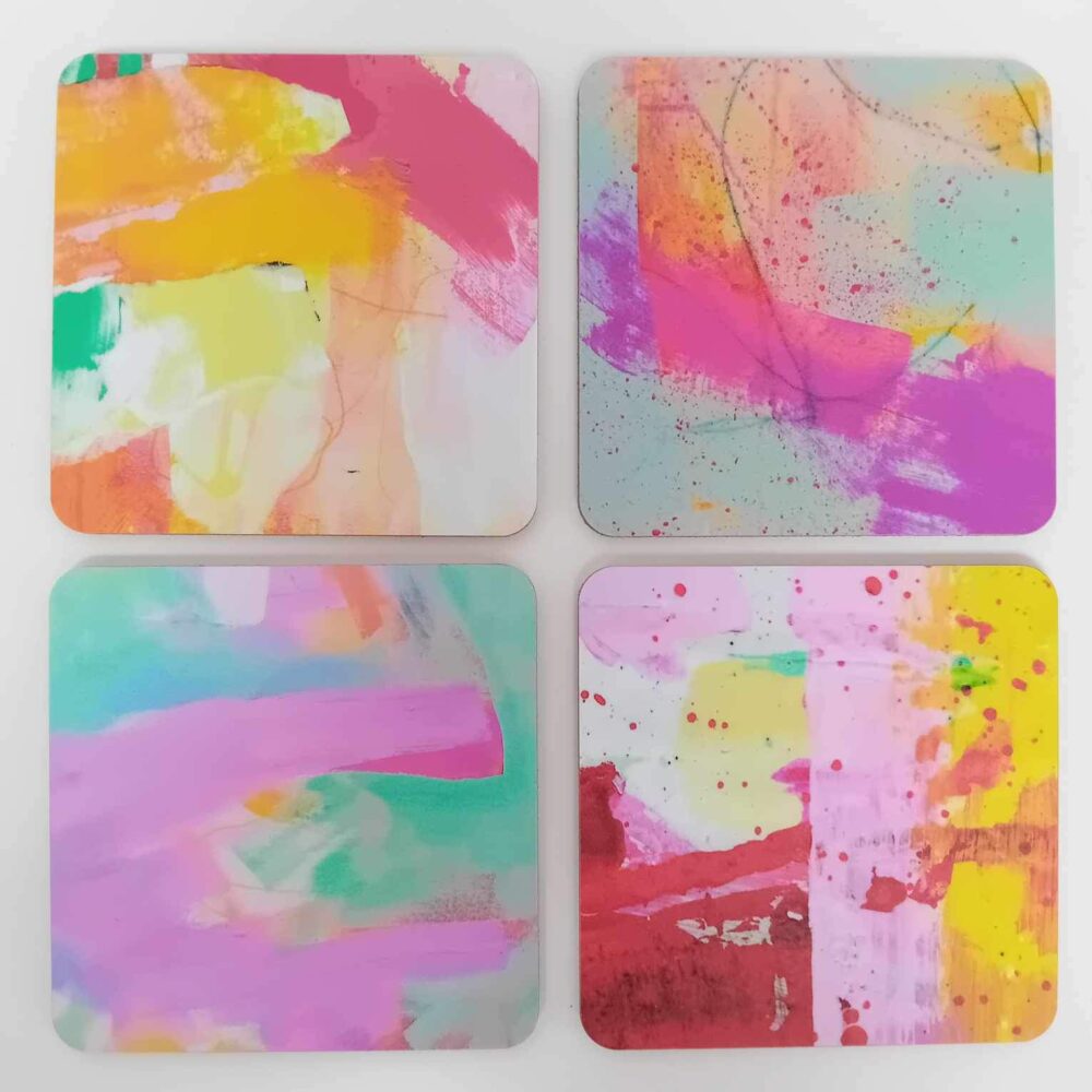 Donnydoodlesbydonna colourful bright set of 4 abstract coasters