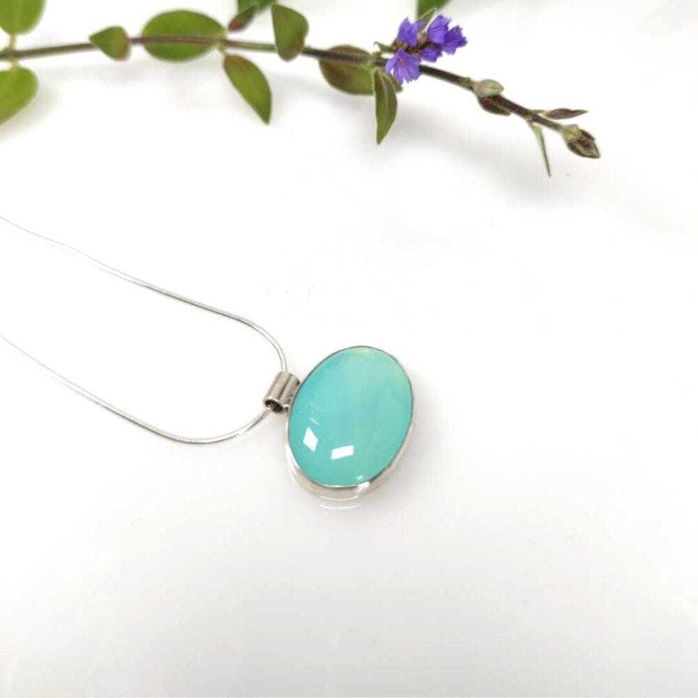Aqua Chalcedony Silver Pendant on Chain