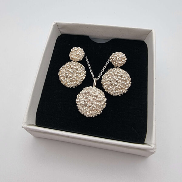 Erinna Jewellery Giftset featuring the Aphrodite Sea Foam granulation multi-functional drop earrings and sterling silver granulation matching Aphrodite Sea Foam necklace.