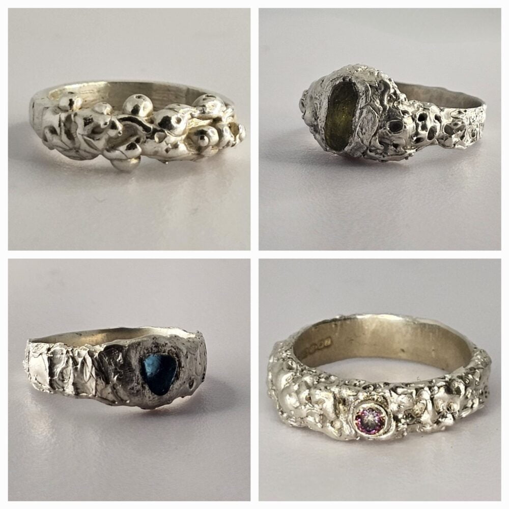 A selection of four unique hand carved rings offered by Smith & Carver Jewellery. Each ring is carved in wax before being cast in sterling silver using the ancient technique of lost wax casting. Each piece is entirely unique as we do not take moulds, nor do we replicate designs. This selection of rings has a selection of turquoise and pale green seaglass and hand picked ethically sourced topaz set within them.