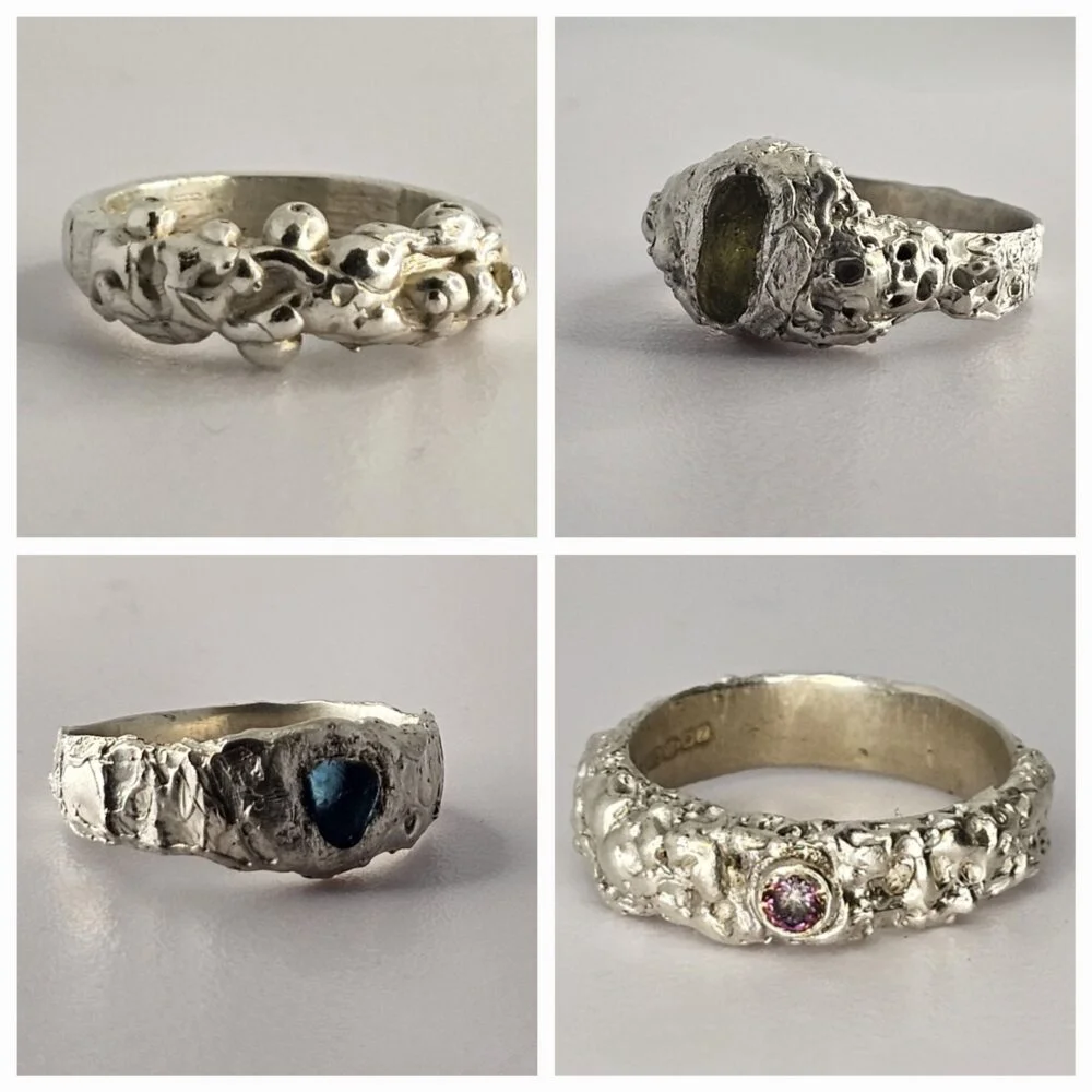 A selection of four unique hand carved rings offered by Smith & Carver Jewellery. Each ring is carved in wax before being cast in sterling silver using the ancient technique of lost wax casting. Each piece is entirely unique as we do not take moulds, nor do we replicate designs. This selection of rings has a selection of turquoise and pale green seaglass and hand picked ethically sourced topaz set within them.