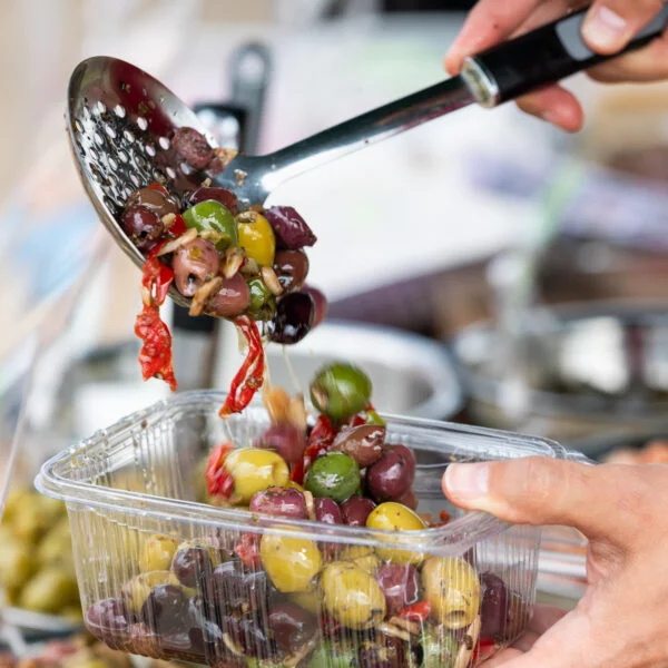 Olives at a market with Independent Street