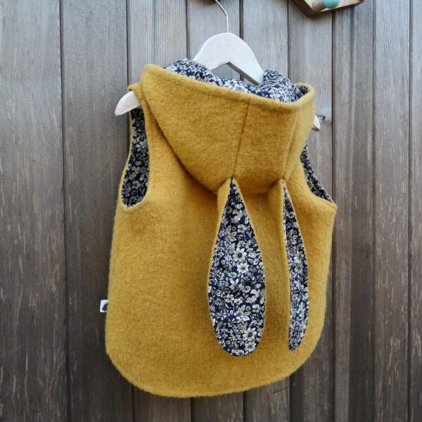 Yellow wool gilet with hood and bunny ears, Happy Hedgehog Designs