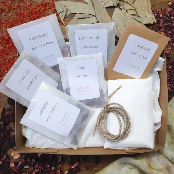 Sachets of dye powers, instructions and silk for dyeing craft kit Cocoon Natural Dye House