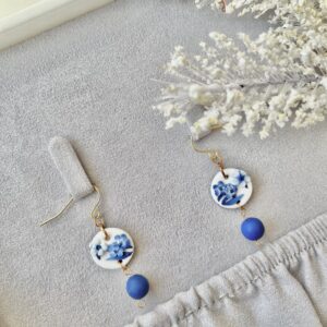 Blue and white floral blue china clay dangle earrings with a hook finding, July Studio Creations