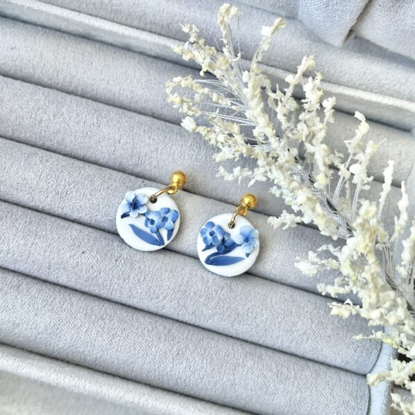 Blue and white floral blue china clay dangle earrings with a ball stud finding, July Studio Creations