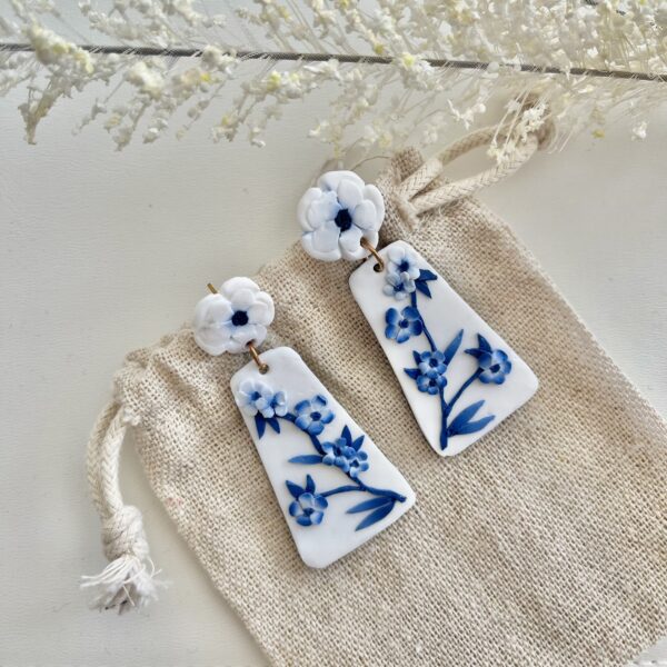 Long blue and white floral blue china clay dangle earrings, July Studio Creations