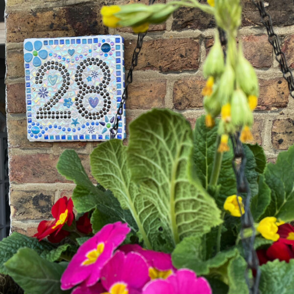 Mosaic House Numbers are commission pieces. They are available in 3 sizes and in a large variety of colour combinations