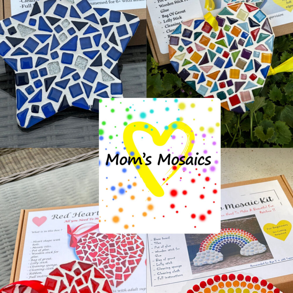 Collage featuring four beginner-friendly mosaic craft kits from Mom’s Mosaics. The kits include a blue star, colourful heart, red heart and rainbow design, each displayed alongside the completed mosaic project and kit contents. Designed for children and adults, the kits contain everything needed to create a handmade mosaic artwork at home, made by Debbee from Mom’s Mosaics