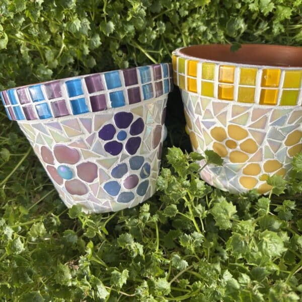 Two handmade mosaic plant pots displayed among lush green foliage. One pot features purple and blue floral mosaic details, while the other showcases bright yellow flower designs. Both are decorated with iridescent glass tiles and colourful mosaic borders, creating cheerful and unique garden-inspired home décor. Made by Debbee from Mom’s Mosaics
