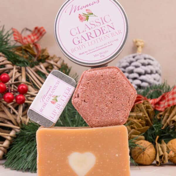 Contents of Mama's Beeswax Pamper yourelf Rose fragranced gift box