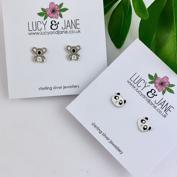 Lucy & Jane Jewellery Fun sterling silver stud earrings for kids in the shape of koala and panda