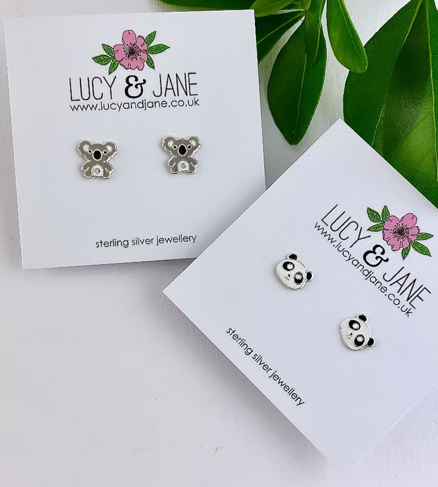 Lucy & Jane Jewellery Fun sterling silver stud earrings for kids in the shape of koala and panda
